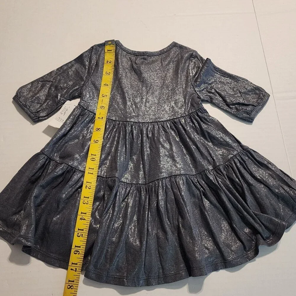 Old Navy Metallic Silver Baby Girls Dress 12-18M 100% Cotton Tiered Design